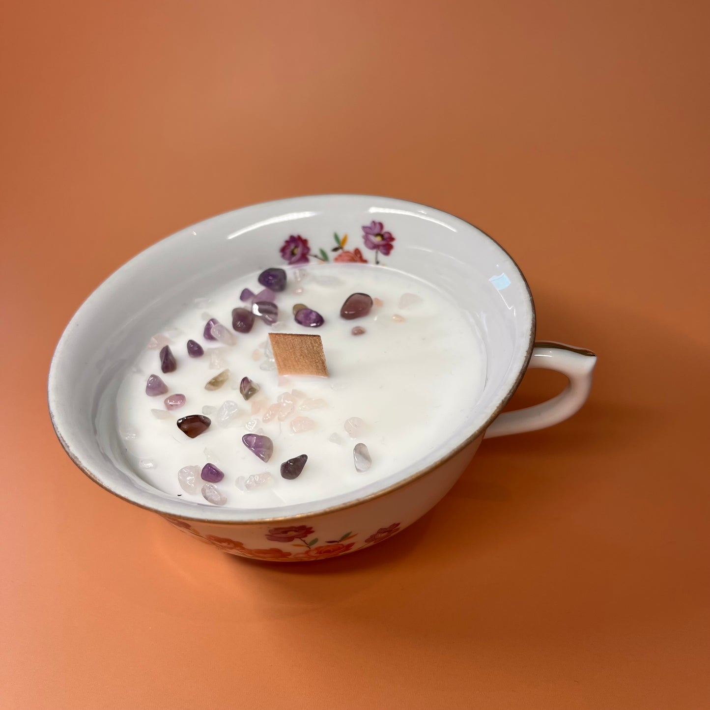 Bougie tasse améthyste & quartz rose